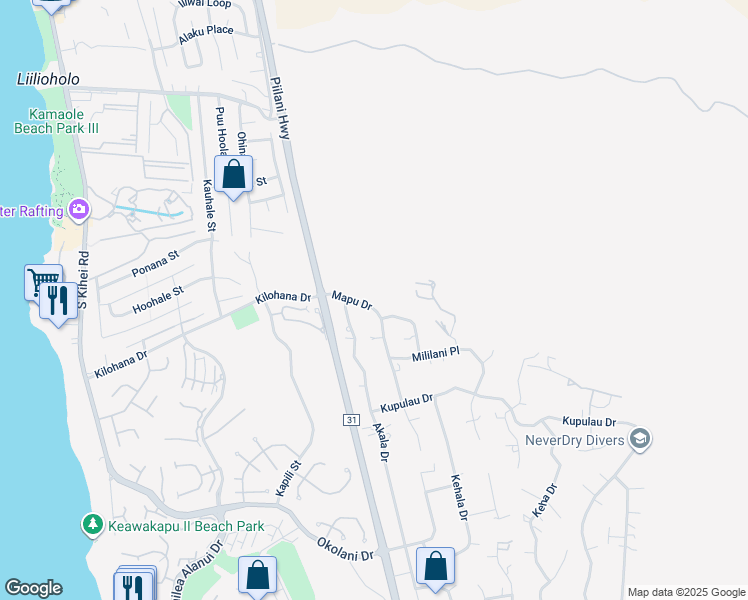 map of restaurants, bars, coffee shops, grocery stores, and more near 3091 Mapu Drive in Kihei