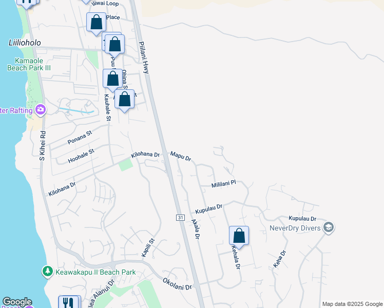 map of restaurants, bars, coffee shops, grocery stores, and more near 3091 Mapu Drive in Kihei