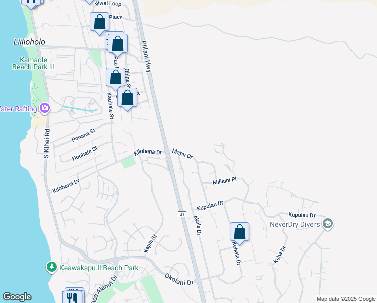 map of restaurants, bars, coffee shops, grocery stores, and more near 3077 Mapu Drive in Kihei