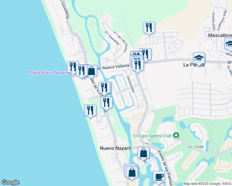 map of restaurants, bars, coffee shops, grocery stores, and more near Tulipanes in Nuevo Vallarta