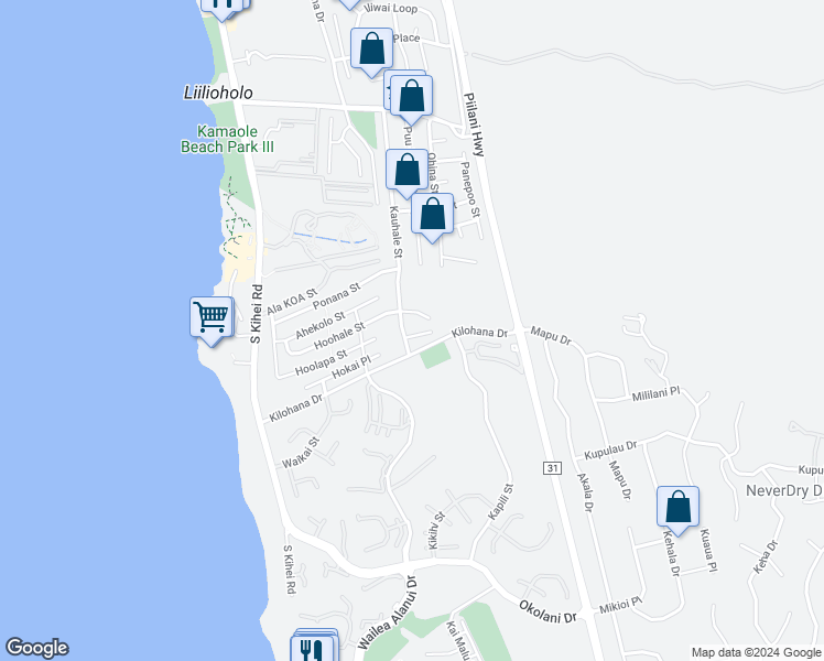 map of restaurants, bars, coffee shops, grocery stores, and more near 215 Mahie Place in Kihei