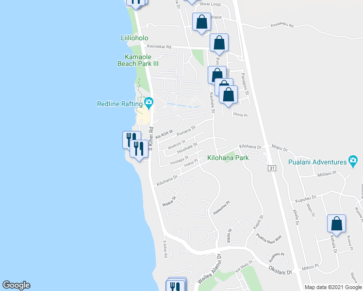 map of restaurants, bars, coffee shops, grocery stores, and more near 88 Ahekolo Street in Kihei