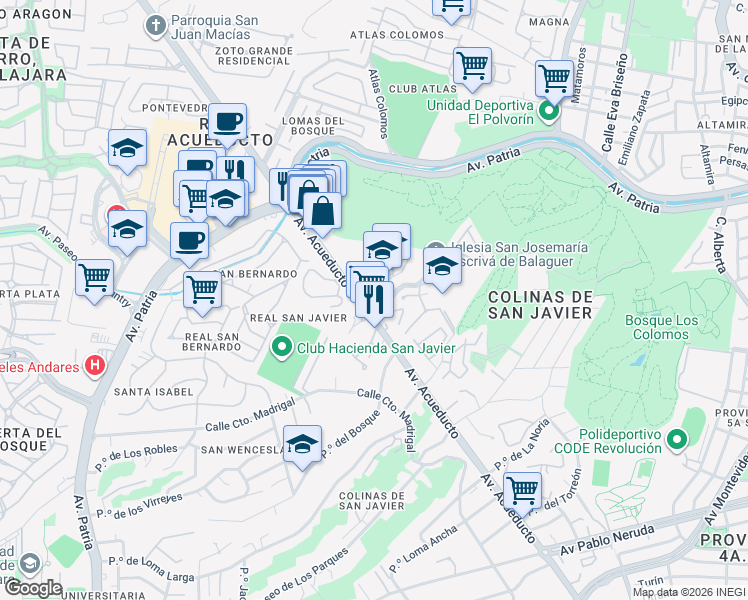 map of restaurants, bars, coffee shops, grocery stores, and more near 2100 Avenida Acueducto in Zapopan