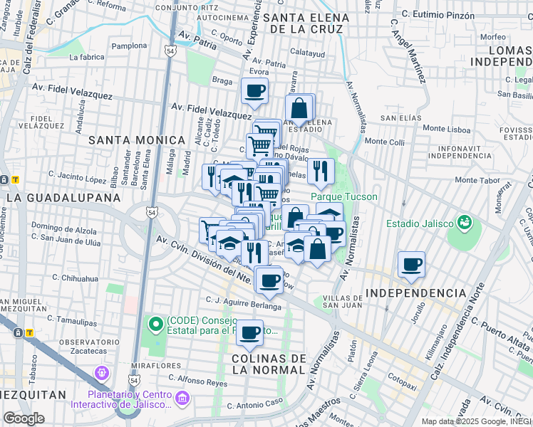 map of restaurants, bars, coffee shops, grocery stores, and more near Calle Juan Zubaran in Guadalajara