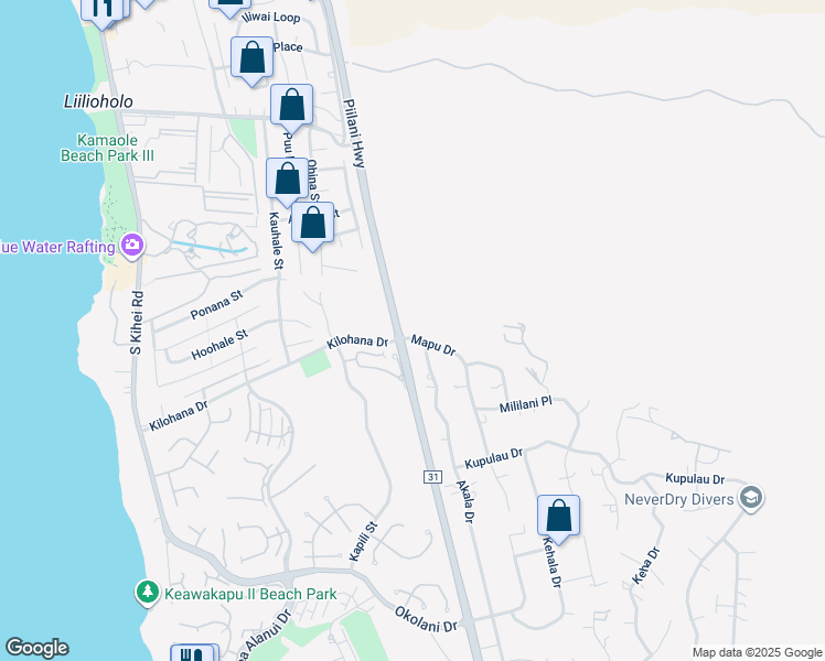 map of restaurants, bars, coffee shops, grocery stores, and more near 3031 Mapu Drive in Kihei