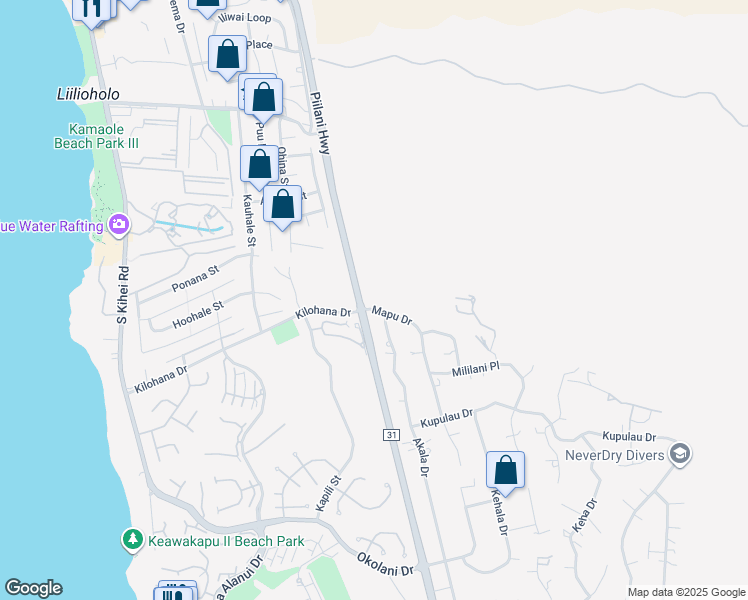 map of restaurants, bars, coffee shops, grocery stores, and more near 3031 Mapu Drive in Kihei