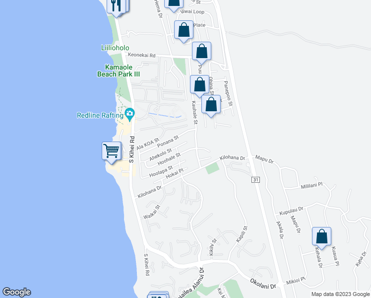 map of restaurants, bars, coffee shops, grocery stores, and more near 147 Hoohale Street in Kihei