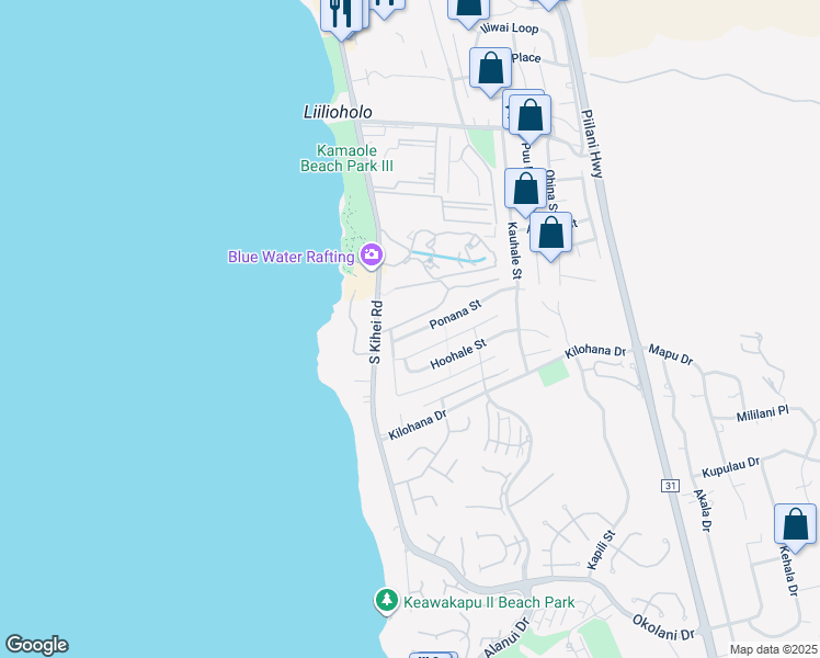 map of restaurants, bars, coffee shops, grocery stores, and more near 47 Ponana Street in Kihei