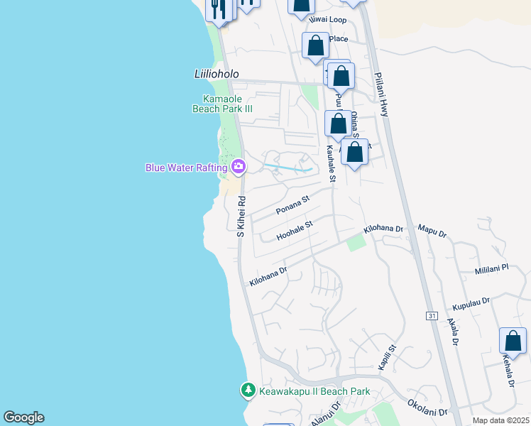 map of restaurants, bars, coffee shops, grocery stores, and more near 47 Ponana Street in Kihei