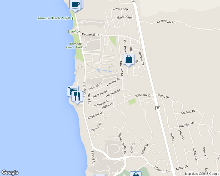 map of restaurants, bars, coffee shops, grocery stores, and more near 135 Ahekolo Street in Kihei