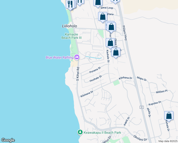 map of restaurants, bars, coffee shops, grocery stores, and more near 75 Ponana Street in Kihei
