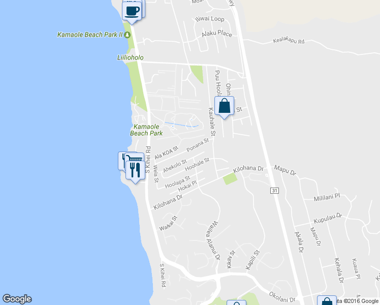 map of restaurants, bars, coffee shops, grocery stores, and more near 126 Ponana Street in Kihei