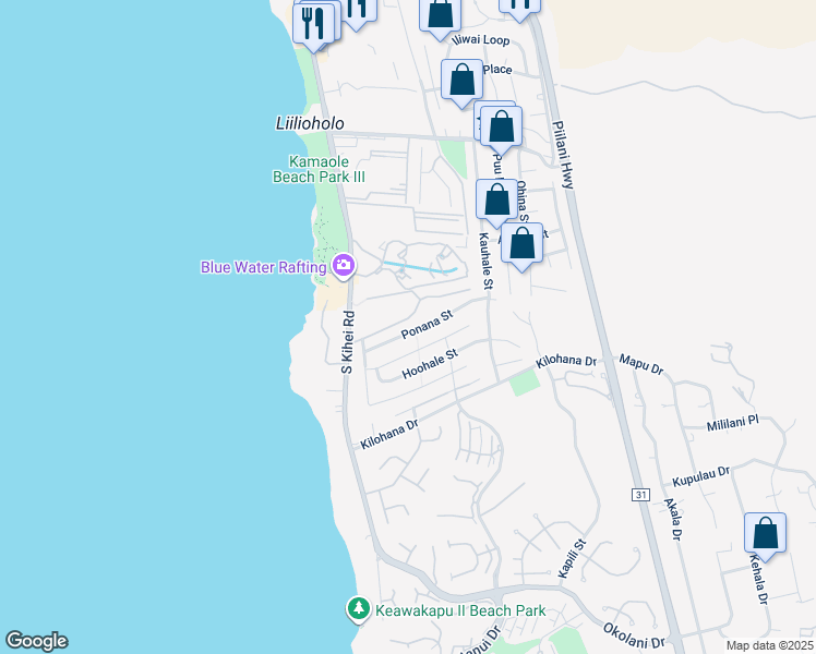 map of restaurants, bars, coffee shops, grocery stores, and more near 89 Ponana Street in Kihei