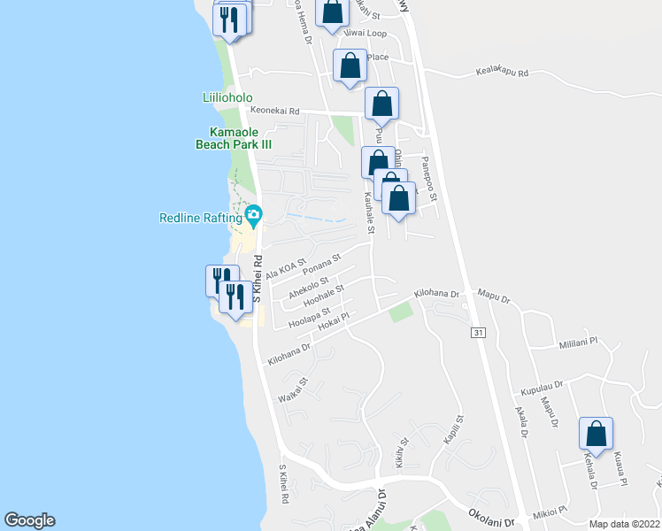 map of restaurants, bars, coffee shops, grocery stores, and more near 126 Ponana Street in Kihei