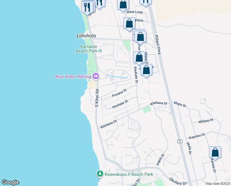 map of restaurants, bars, coffee shops, grocery stores, and more near 95 Ponana Street in Kihei