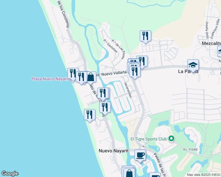 map of restaurants, bars, coffee shops, grocery stores, and more near Tulipanes in Nuevo Vallarta