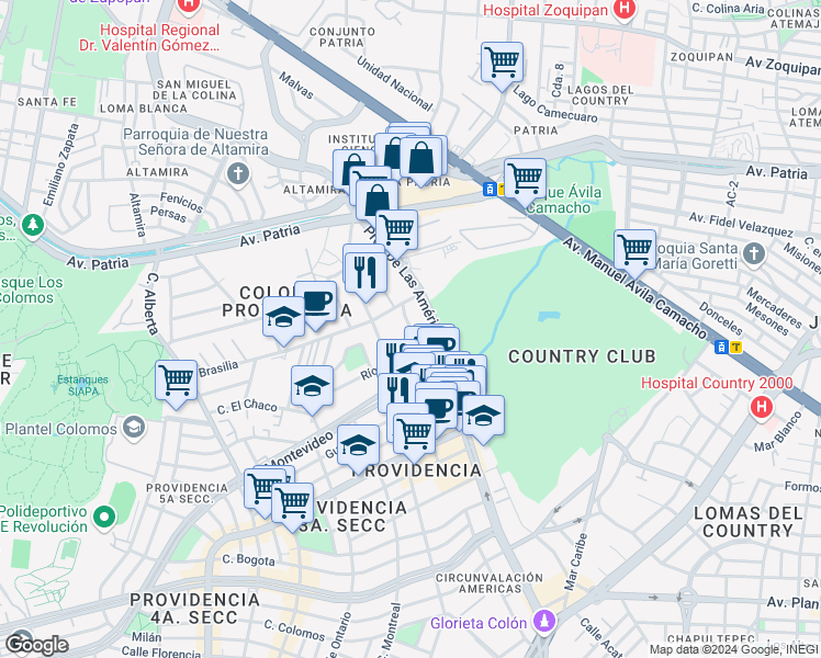 map of restaurants, bars, coffee shops, grocery stores, and more near Colomos in Guadalajara