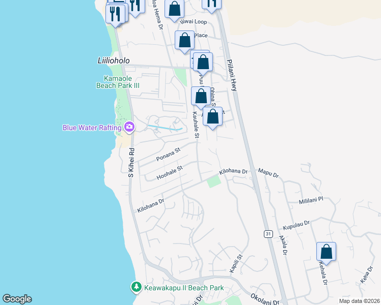 map of restaurants, bars, coffee shops, grocery stores, and more near 2920 Kauhale Street in Kihei