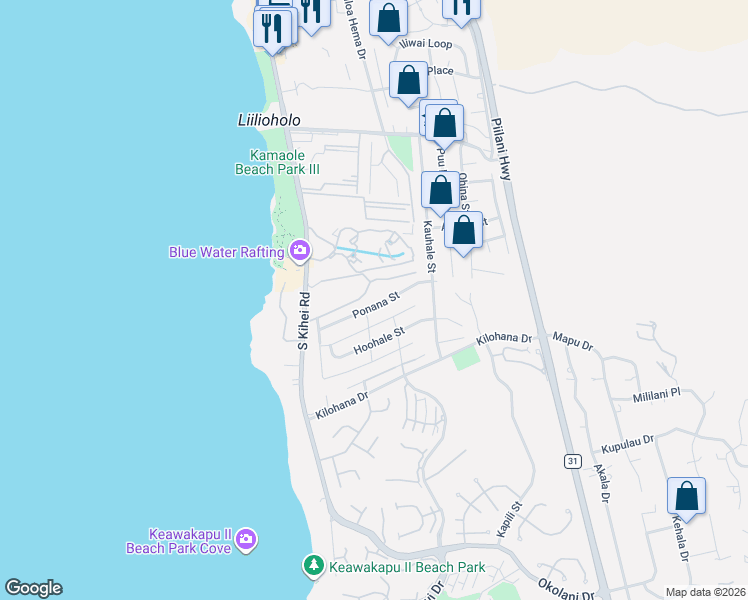 map of restaurants, bars, coffee shops, grocery stores, and more near 111 Ponana Street in Kihei