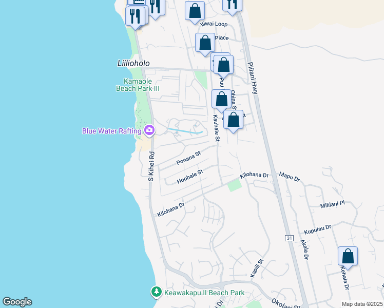 map of restaurants, bars, coffee shops, grocery stores, and more near 119 Ponana Street in Kihei