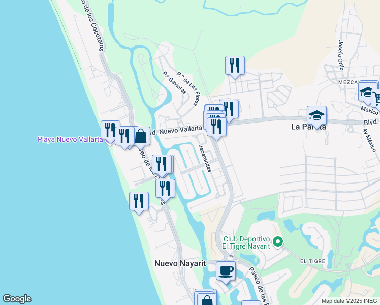 map of restaurants, bars, coffee shops, grocery stores, and more near 76 Primavera in Nuevo Vallarta