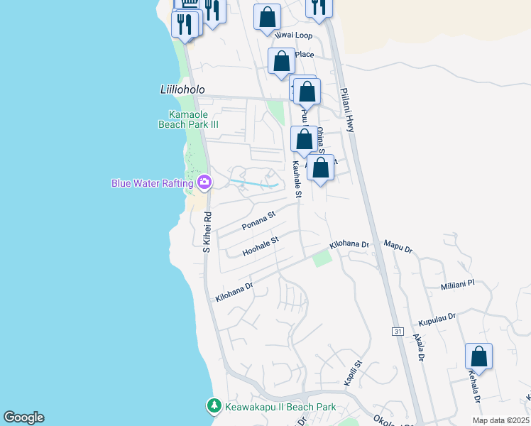 map of restaurants, bars, coffee shops, grocery stores, and more near 131 Ponana Street in Kihei