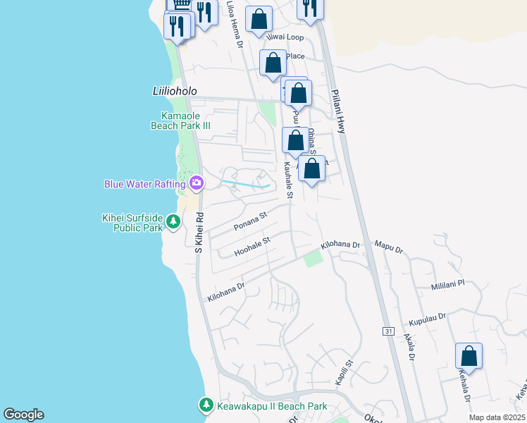 map of restaurants, bars, coffee shops, grocery stores, and more near 147 Ponana Street in Kihei
