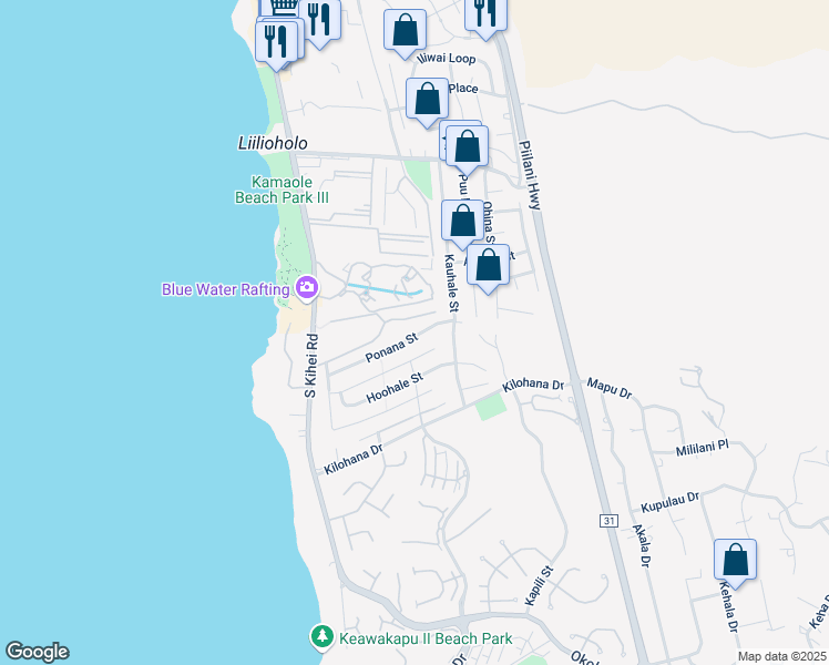 map of restaurants, bars, coffee shops, grocery stores, and more near 147 Ponana St in Kihei