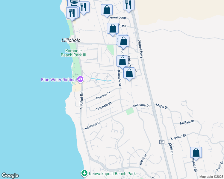 map of restaurants, bars, coffee shops, grocery stores, and more near 165 Ponana Street in Kihei