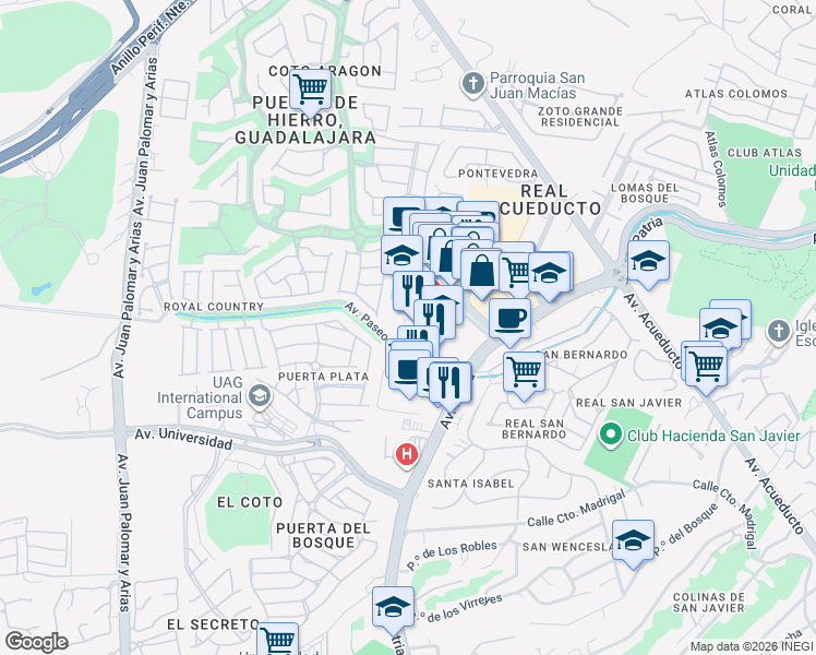map of restaurants, bars, coffee shops, grocery stores, and more near 135 Avenida Empresarios in Zapopan