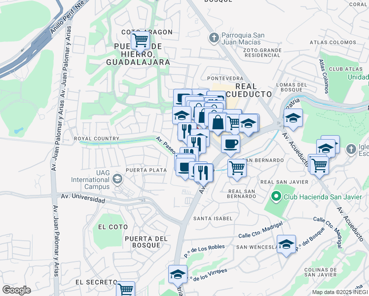 map of restaurants, bars, coffee shops, grocery stores, and more near 135 Avenida Empresarios in Zapopan
