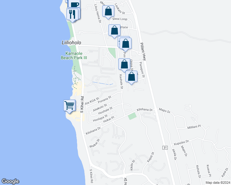map of restaurants, bars, coffee shops, grocery stores, and more near 167 Ponana Street in Kihei
