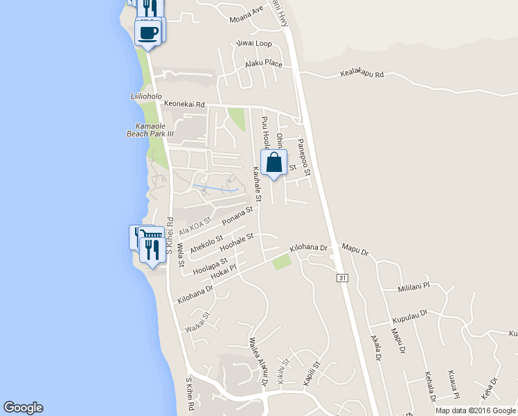 map of restaurants, bars, coffee shops, grocery stores, and more near 0 Ponana Street in Kihei