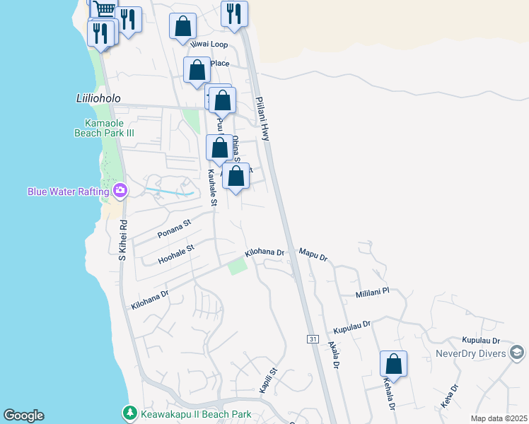 map of restaurants, bars, coffee shops, grocery stores, and more near 304 Ohina Place in Kihei