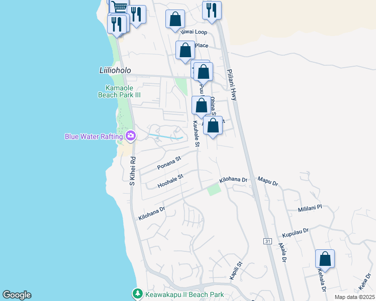 map of restaurants, bars, coffee shops, grocery stores, and more near 167 Ponana Street in Kihei