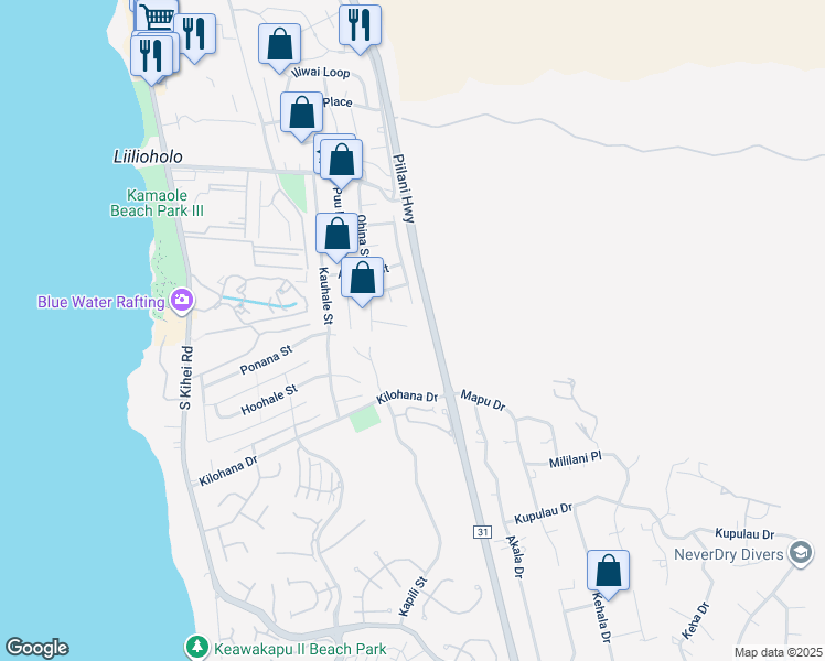 map of restaurants, bars, coffee shops, grocery stores, and more near 308 Ohina Place in Kihei