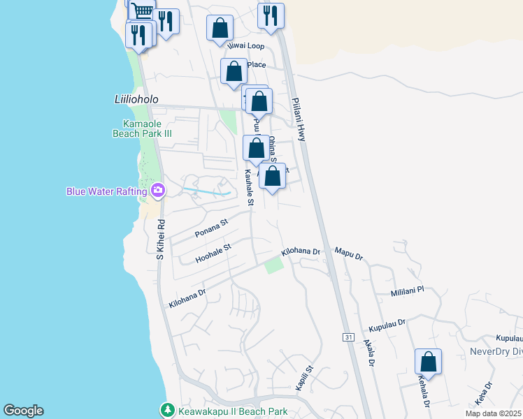 map of restaurants, bars, coffee shops, grocery stores, and more near 2864 Puu Hoolai Street in Kihei