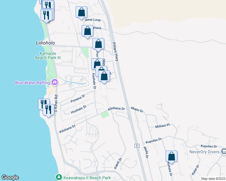map of restaurants, bars, coffee shops, grocery stores, and more near 290 Ohina Place in Kihei