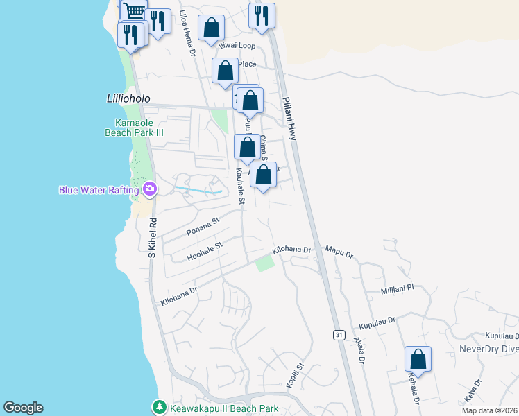 map of restaurants, bars, coffee shops, grocery stores, and more near 2865 Puu Hoolai Street in Kihei