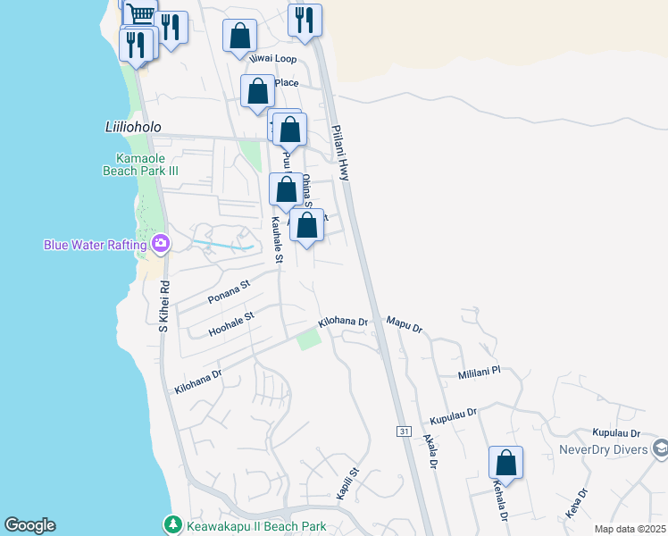 map of restaurants, bars, coffee shops, grocery stores, and more near 290 Ohina Place in Kihei