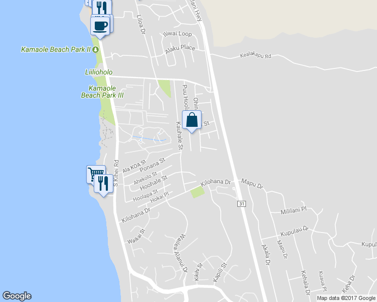 map of restaurants, bars, coffee shops, grocery stores, and more near 2864 Puu Hoolai Street in Kihei