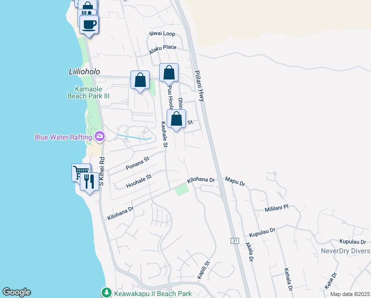 map of restaurants, bars, coffee shops, grocery stores, and more near 2871 Ohina Street in Kihei