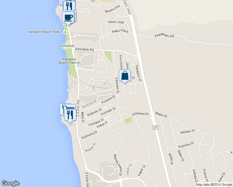 map of restaurants, bars, coffee shops, grocery stores, and more near 2870 Kauhale Street in Kihei