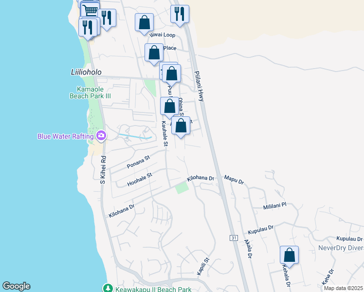 map of restaurants, bars, coffee shops, grocery stores, and more near 2866 Ohina Street in Kihei