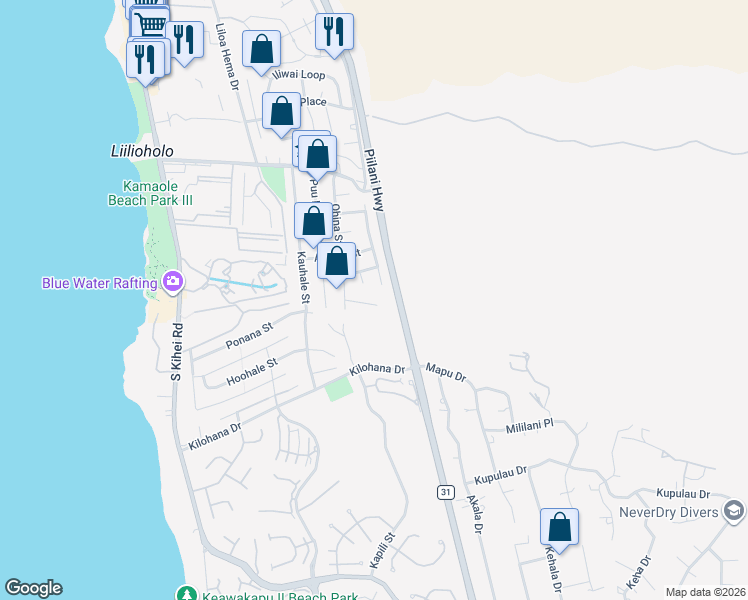map of restaurants, bars, coffee shops, grocery stores, and more near 2850 Panepoo Street in Kihei