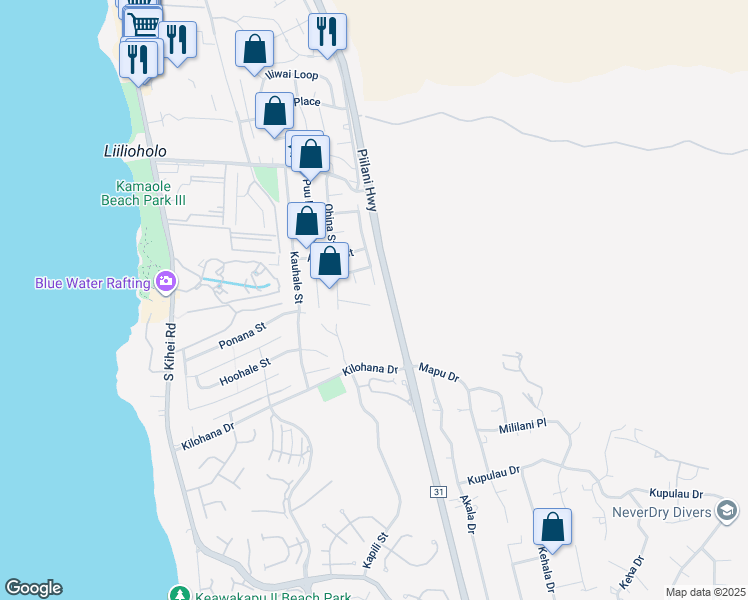 map of restaurants, bars, coffee shops, grocery stores, and more near 305 Ohina Place in Kihei