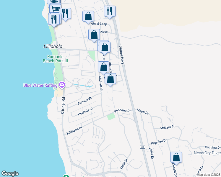 map of restaurants, bars, coffee shops, grocery stores, and more near 2852 Ohina Street in Kihei