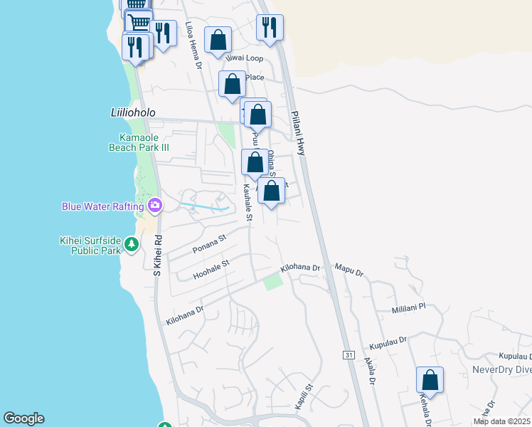map of restaurants, bars, coffee shops, grocery stores, and more near 2847 Puu Hoolai Street in Kihei