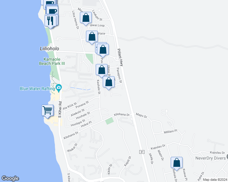 map of restaurants, bars, coffee shops, grocery stores, and more near 2840 Umalu Place in Kihei
