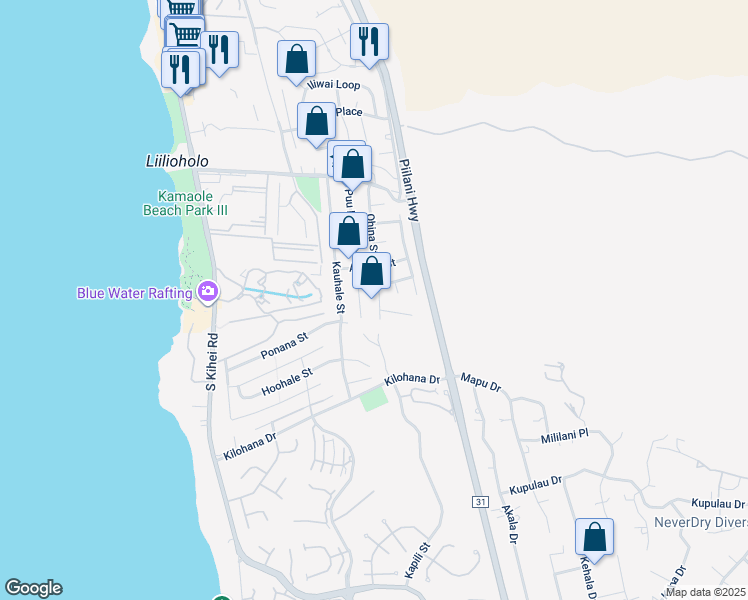 map of restaurants, bars, coffee shops, grocery stores, and more near 2844 Ohina Street in Kihei